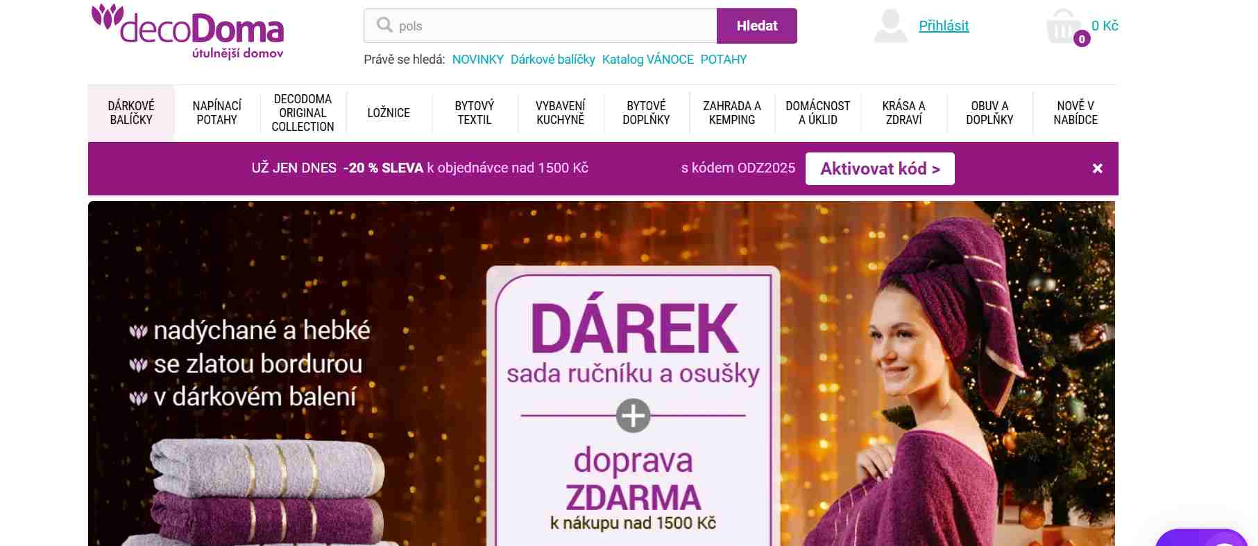 webové stránky s nabídkou akční sady ručníků