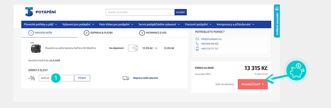 Návod jak uplatnit slevový kód v košíku e-shopu ST Potápění
