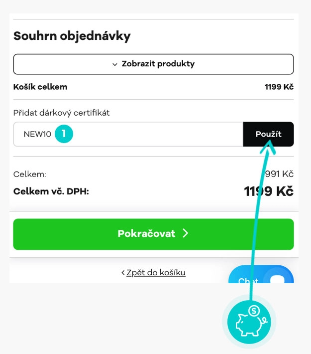 Návod jak uplatnit slevový kód v košíku e-shopu Cubenest
