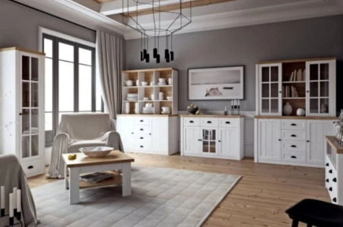 obývací pokoj s bílým vintage nábytkem