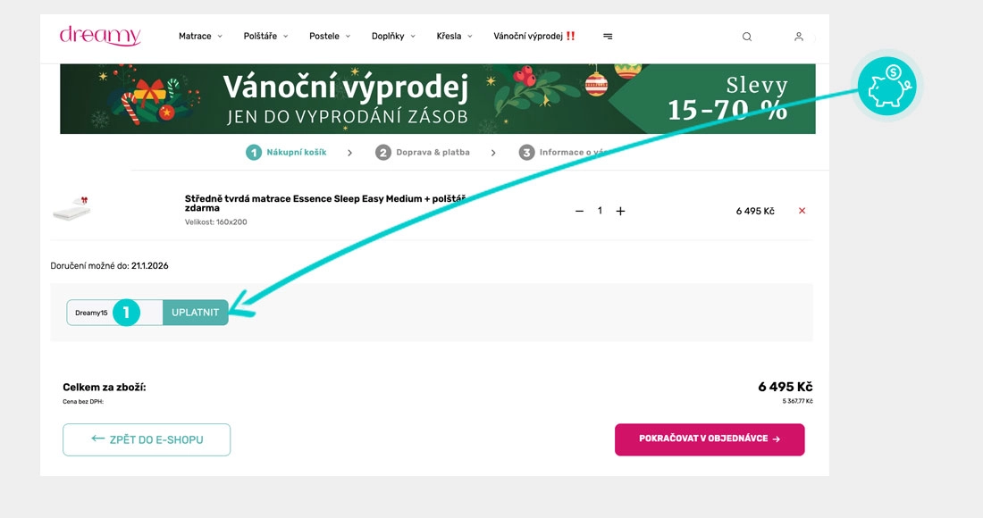 Návod jak uplatnit slevový kód v košíku e-shopu Dreamy