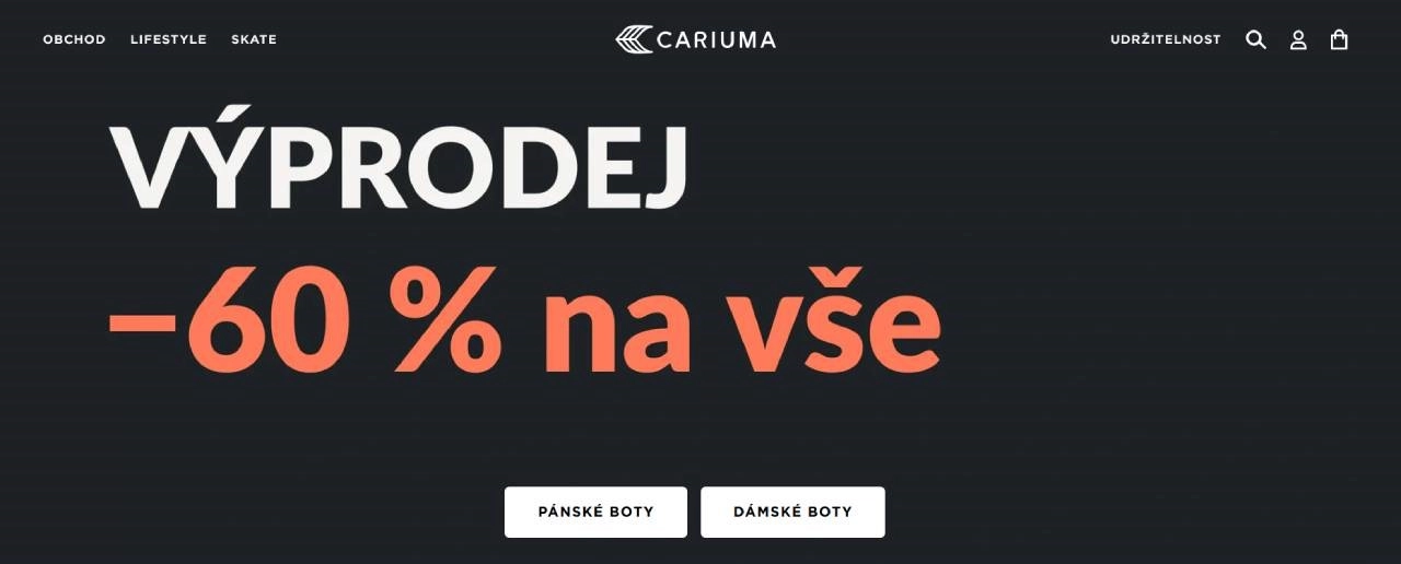homepage Cariuma s bannerem výprodej