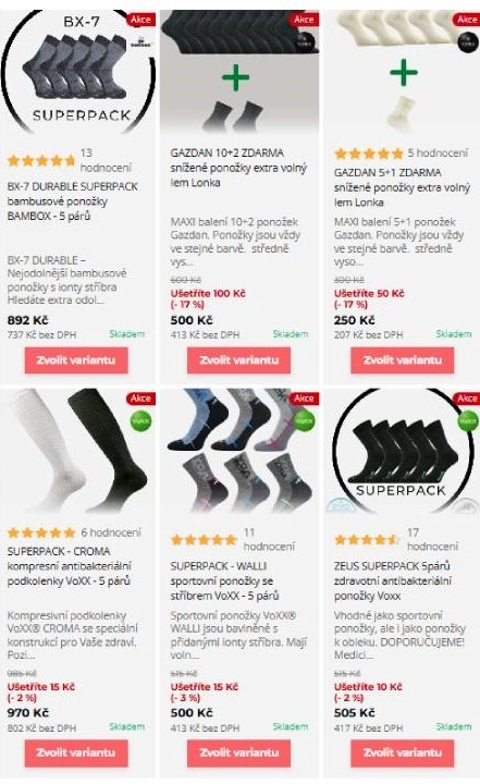 různé ponožky a různá balení ponožek z nabídky