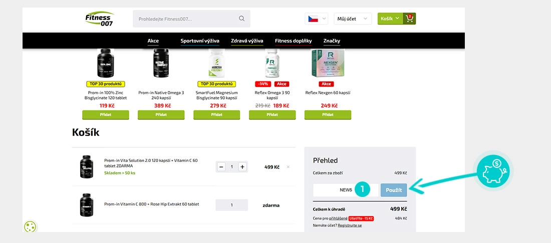 Návod jak uplatnit slevový kód v košíku e-shopu fitness 007