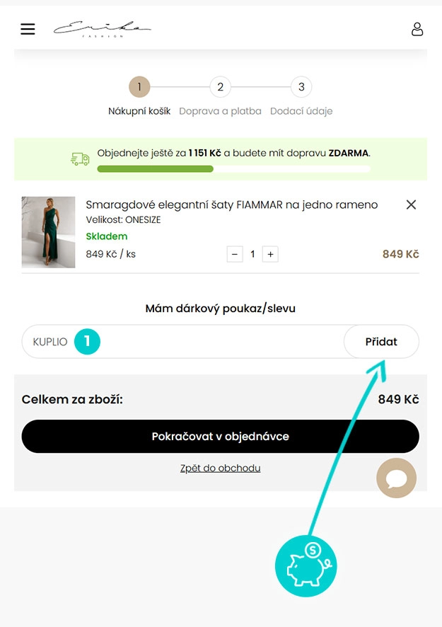 Návod jak uplatnit slevový kód v košíku e-shopu Erika fashion