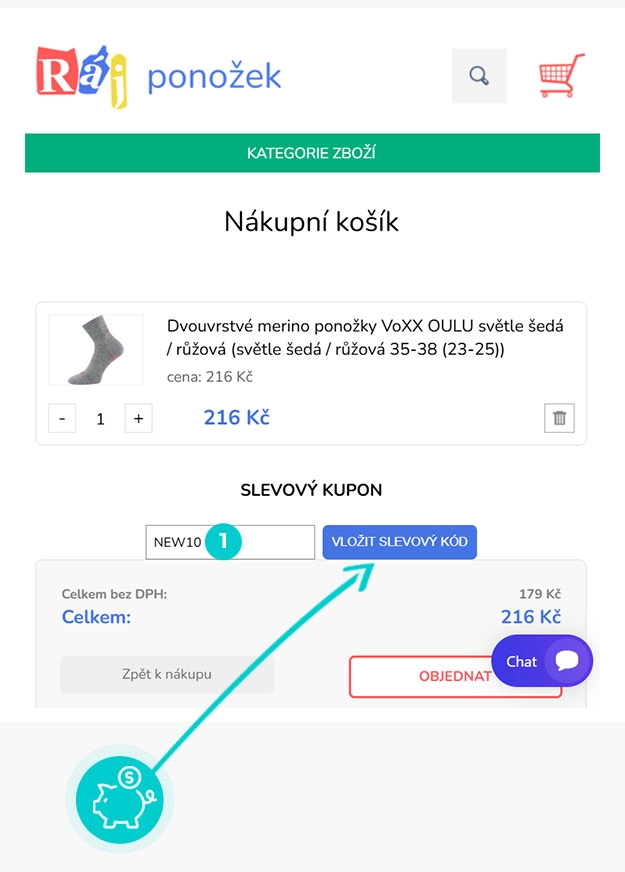 Návod jak uplatnit slevový kód v košíku e-shopu Ráj ponožek