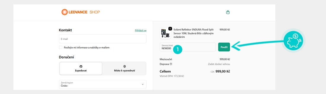 Návod jak uplatnit slevový kód v košíku e-shopu Ledvance