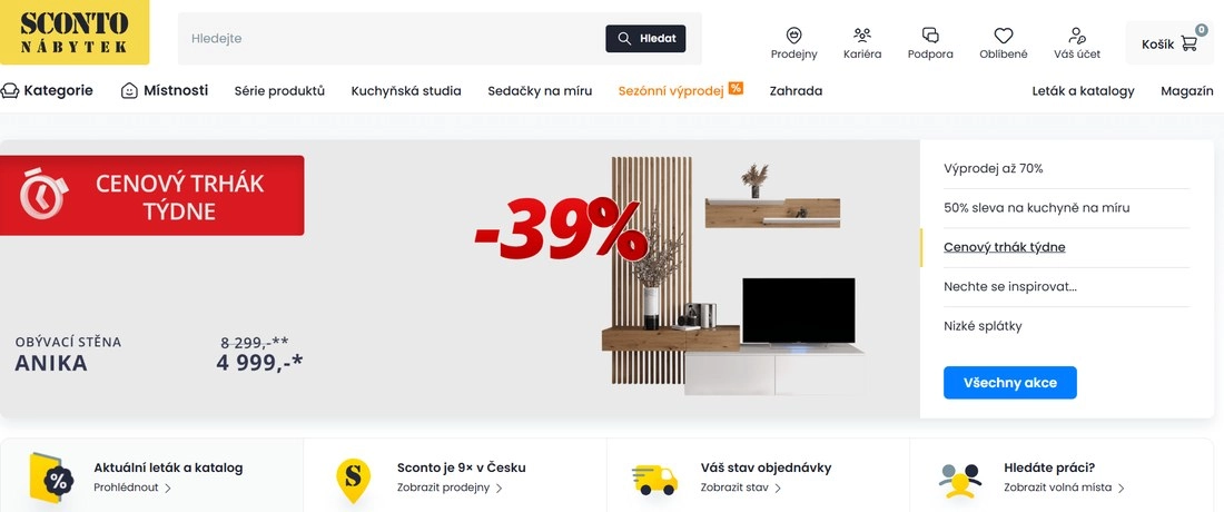 Stránka e-shopu Sconto s obývací stěnou a popisem