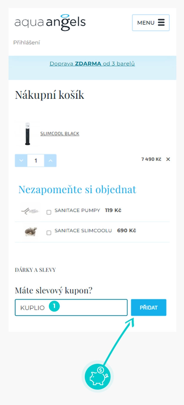 Návod jak uplatnit slevový kód v košíku e-shopu Aqua Angels