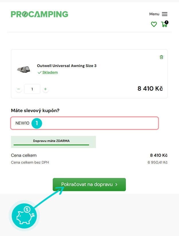 Návod jak uplatnit slevový kód v košíku e-shopu Procamping
