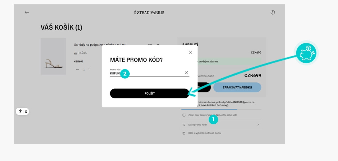 Návod jak uplatnit slevový kód v košíku e-shopu Stradivarius