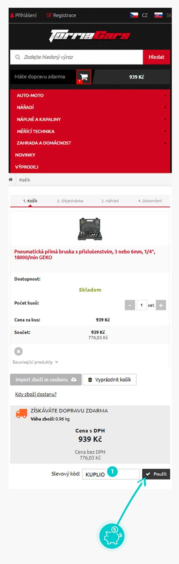 Návod jak uplatnit slevový kód v košíku e-shopu TorriaCars