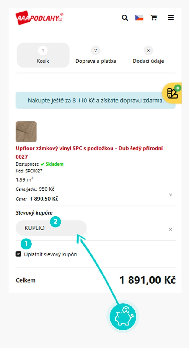 Návod jak uplatnit slevový kód v košíku e-shopu AAA Podlahy