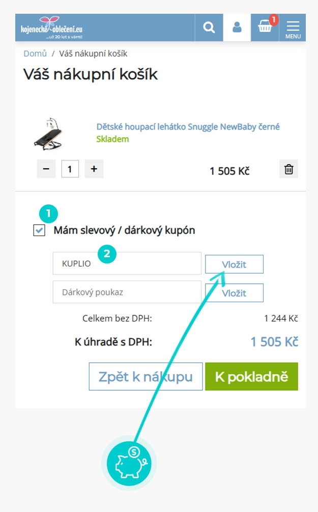Návod jak uplatnit slevový kód v košíku e-shopu kojenecké-oblečení
