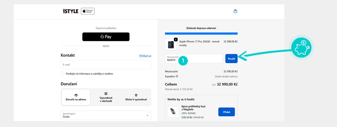 Návod jak uplatnit slevový kód v košíku e-shopu iSTYLE