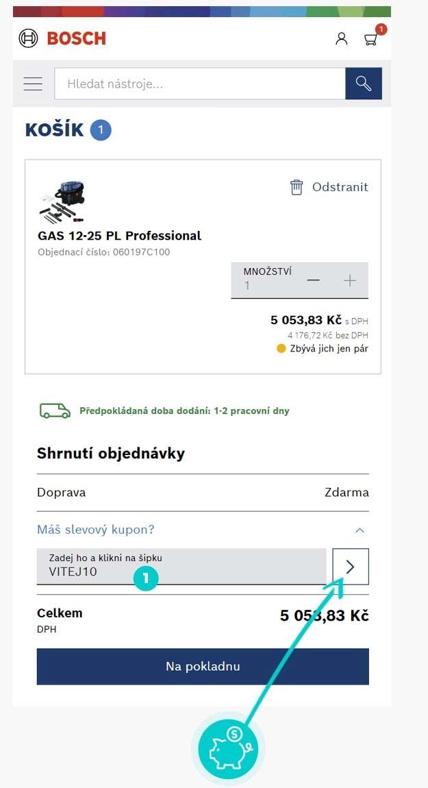 Návod jak uplatnit slevový kód v košíku e-shopu Bosch