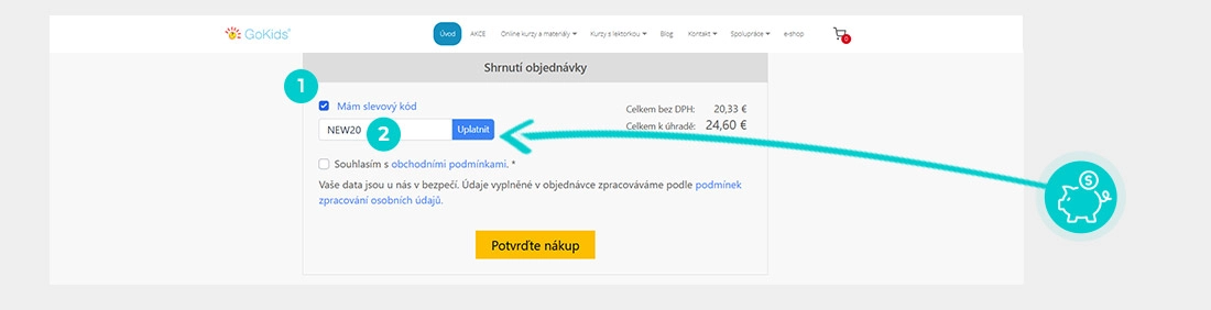 Návod jak uplatnit slevový kód v košíku e-shopu GoKids