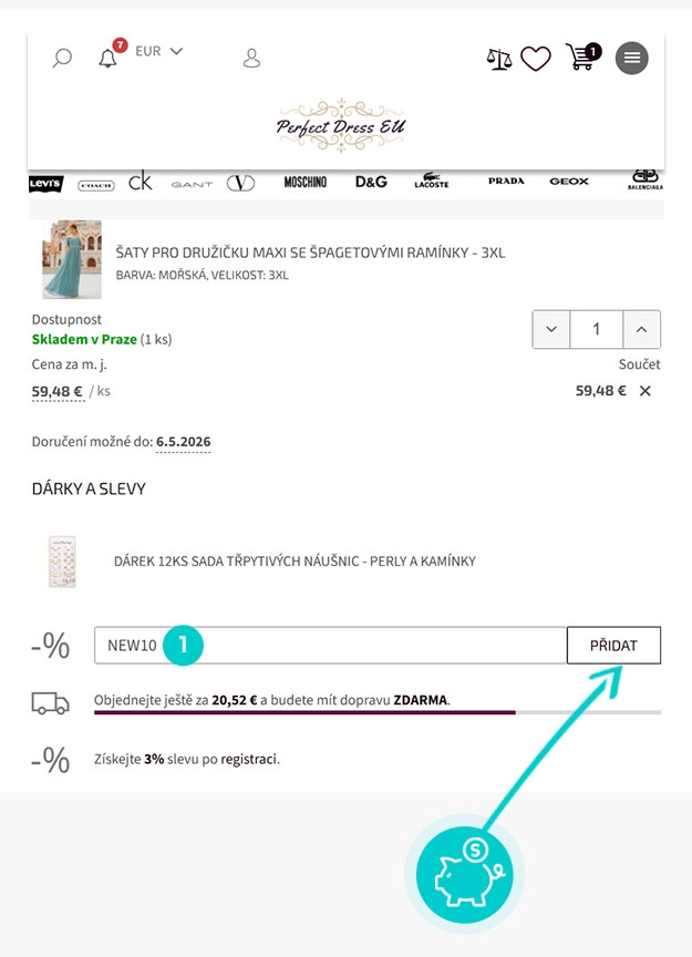 Návod jak uplatnit slevový kód v košíku e-shopu Perfect Dress EU