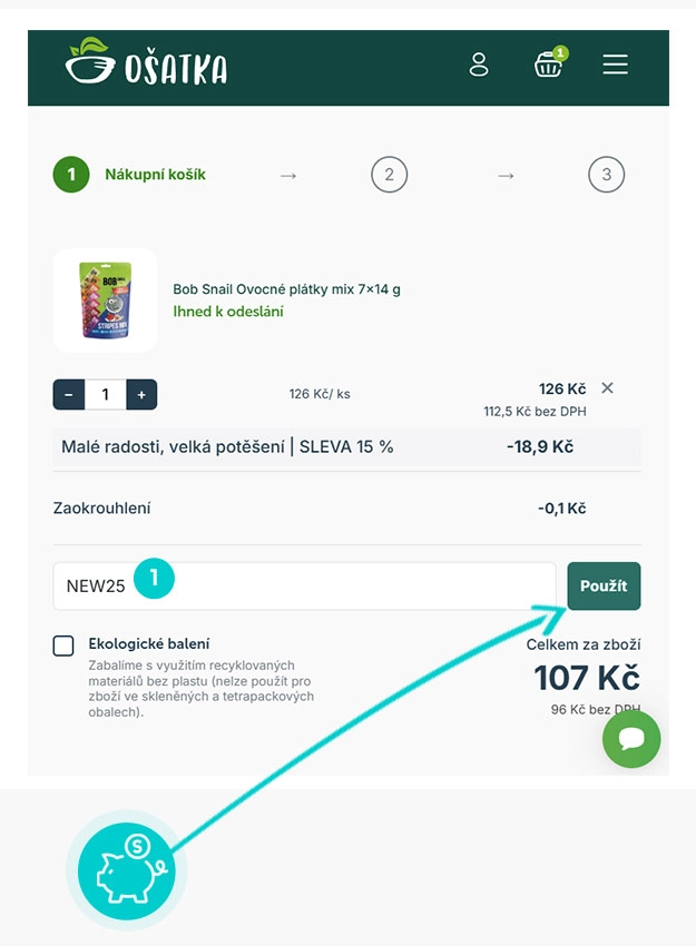 Návod jak uplatnit slevový kód v košíku e-shopu Ošatka