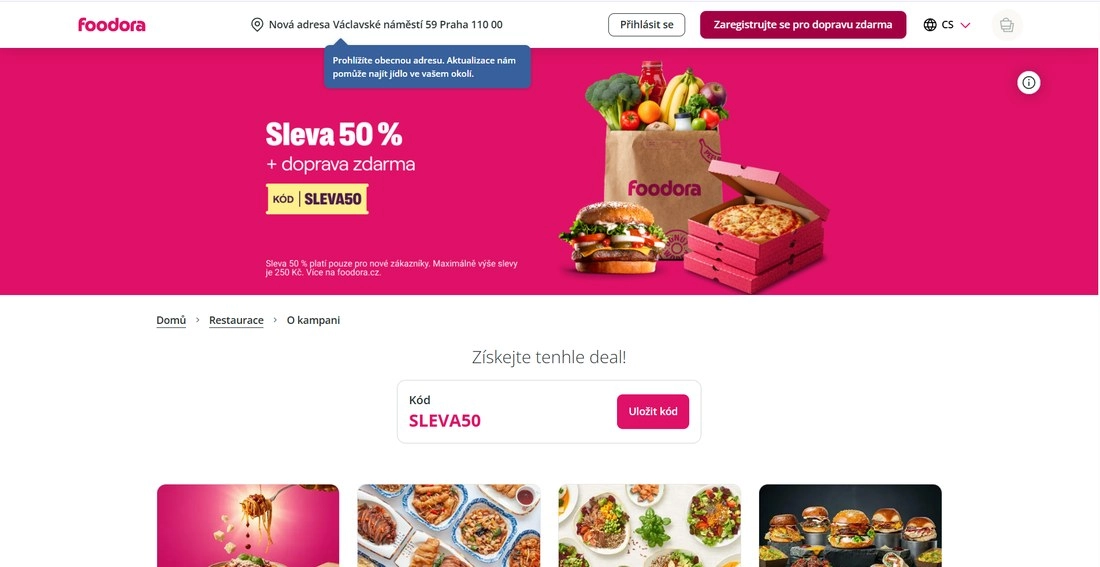 Stránka Foodory v růžové s potravinami a hotovými jídly a popisem