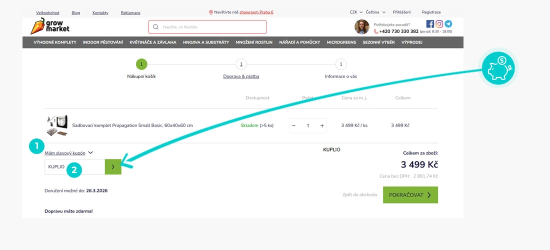 Návod jak uplatnit slevový kód v košíku e-shopu growmarket
