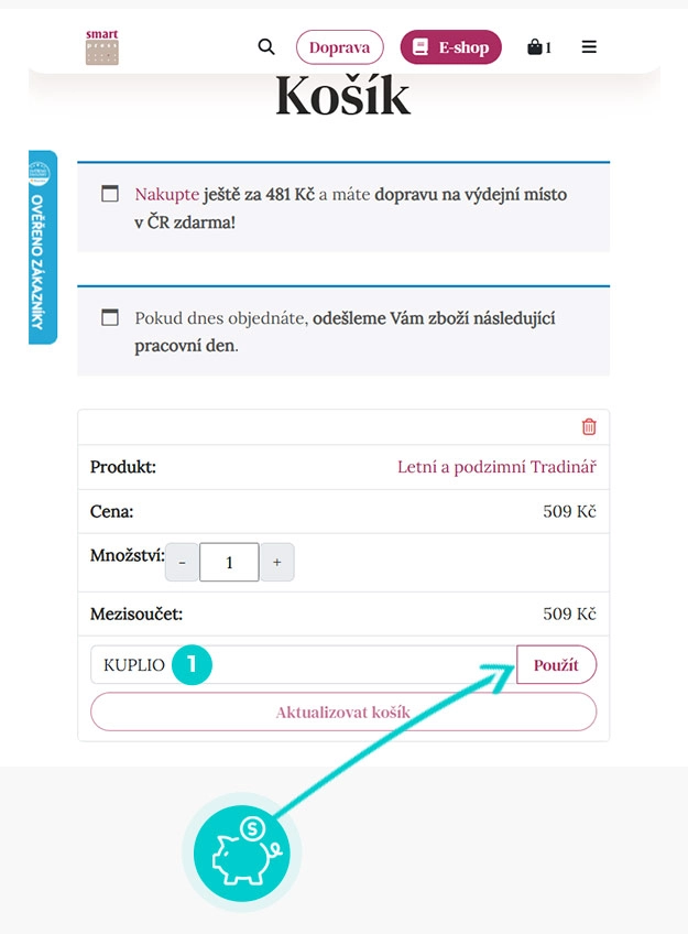 Návod jak uplatnit slevový kód v košíku e-shopu Smart Press