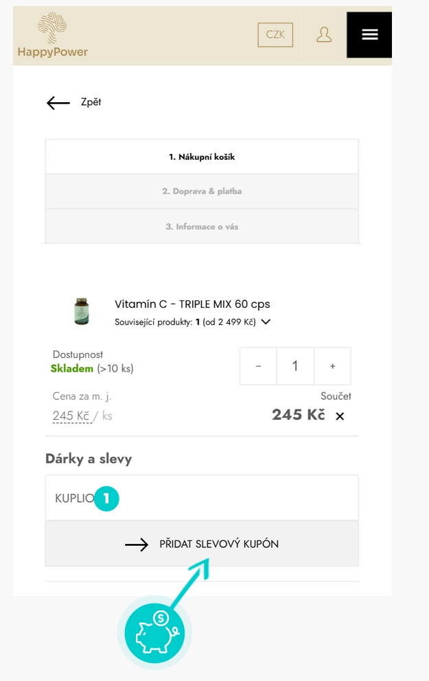 Návod jak uplatnit slevový kód v košíku e-shopu HappyPower
