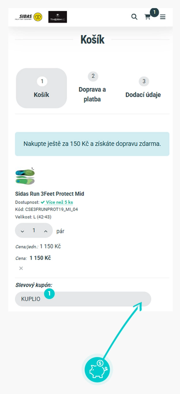Návod jak uplatnit slevový kód v košíku e-shopu Sidas