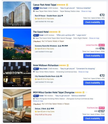 Trip.com - budova hotelu a hotelový pokoj