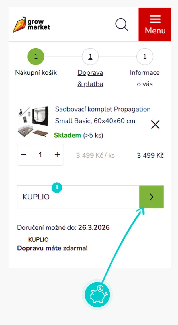 Návod jak uplatnit slevový kód v košíku e-shopu growmarket