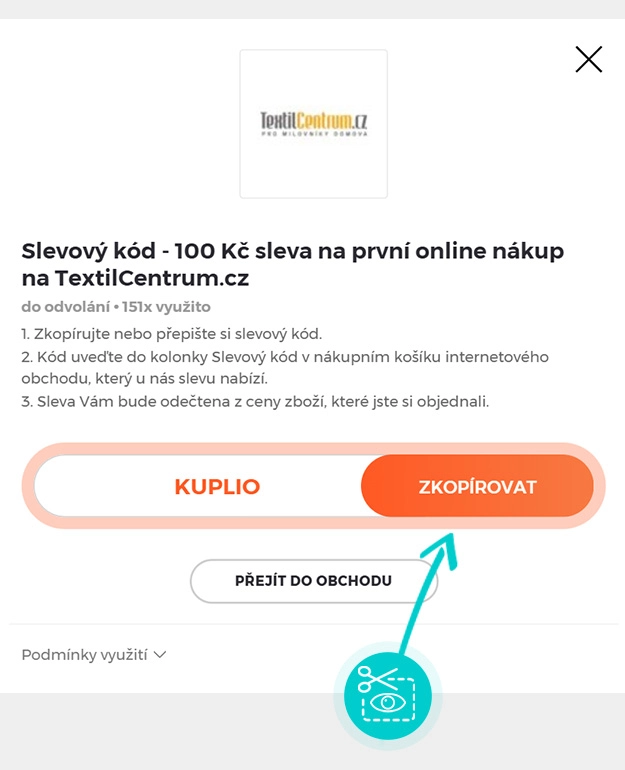 Návod jak zkopírovat slevový kód TextilCentrum