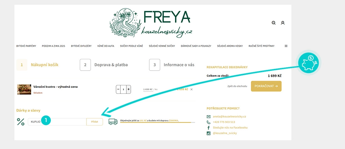 Návod jak uplatnit slevový kód v košíku e-shopu Kouzelnesvicky.cz