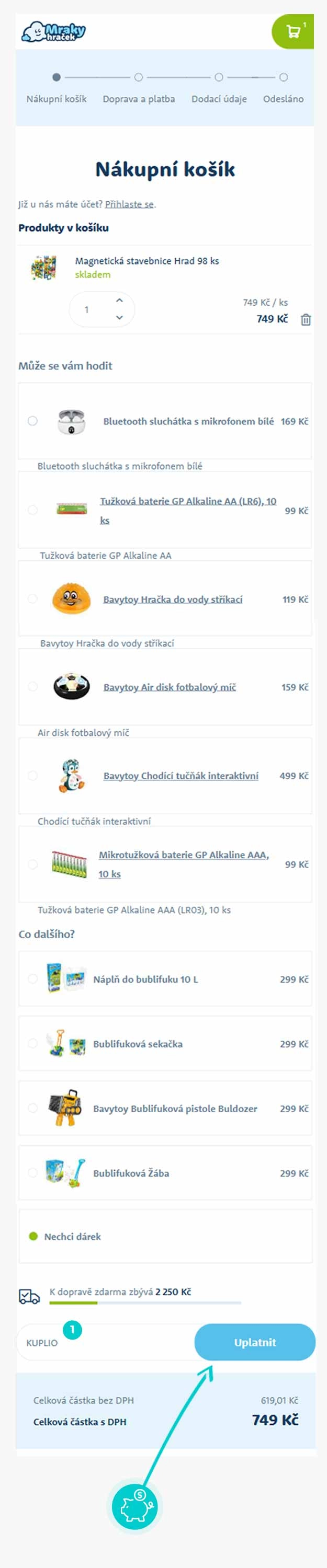 Návod jak uplatnit slevový kód v košíku e-shopu Mrakyhraček