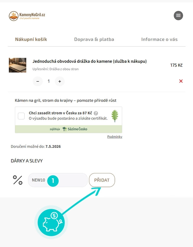 Návod jak uplatnit slevový kód v košíku e-shopu Kamenynagril