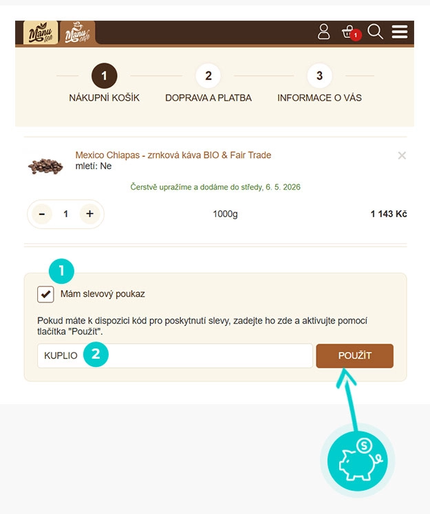 Návod jak uplatnit slevový kód v košíku e-shopu Manucafe