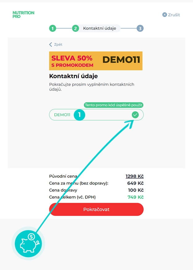 Návod jak uplatnit slevový kód v košíku e-shopu NutritionPro