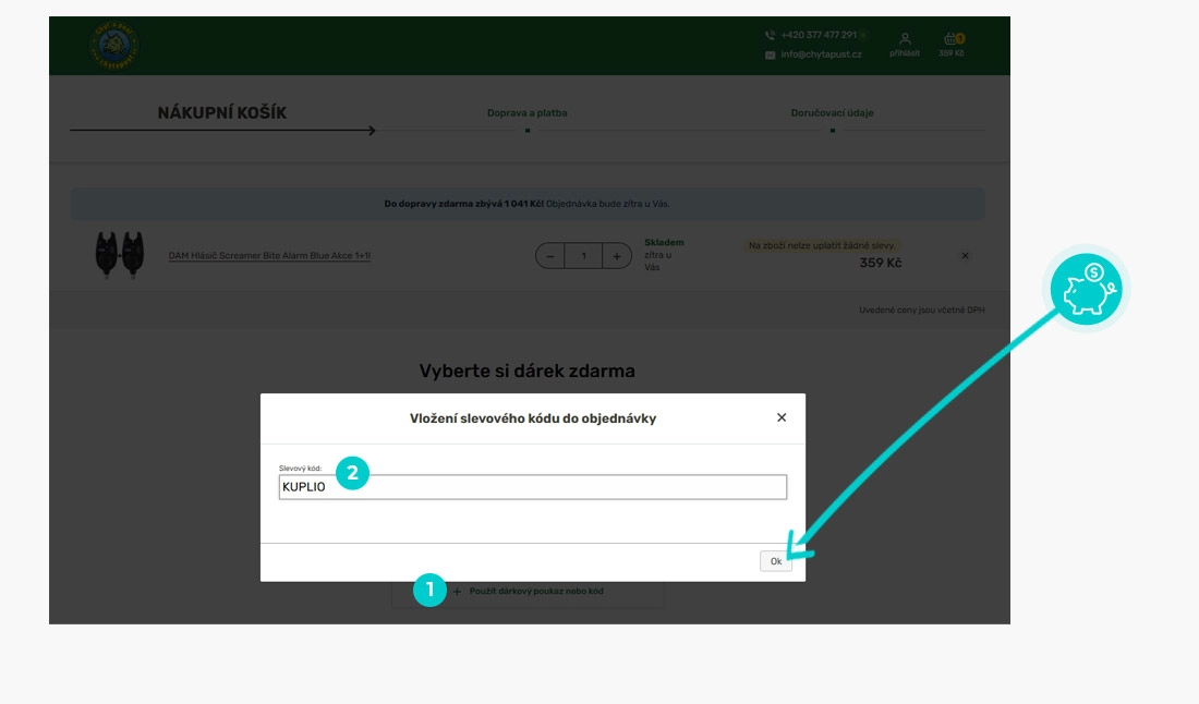 Návod jak uplatnit slevový kód v košíku e-shopu Chyť a pusť