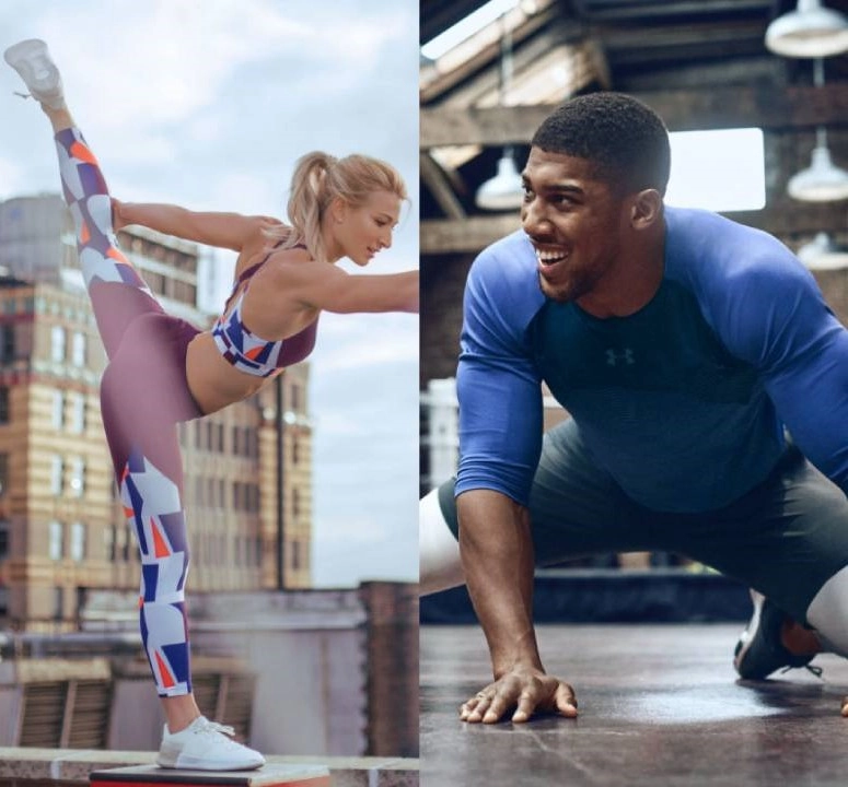 žena cvičící jógu venku a muž v posilovně