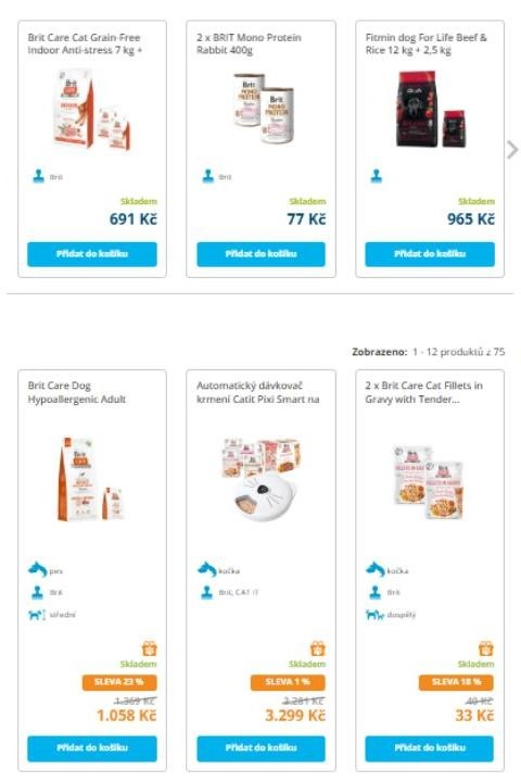 krmiva pro kočky, konzervy pro psy, krmiva pro psy, automatický dávkovač či balení filetů pro kočky