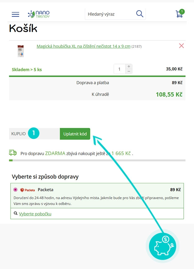 Návod jak uplatnit slevový kód v košíku e-shopu Nano Trendy