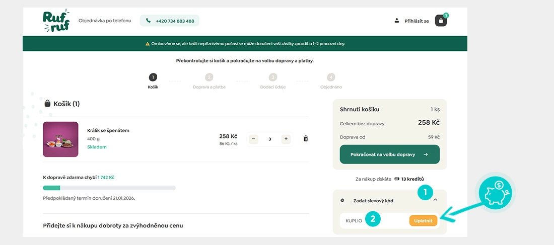 Návod jak uplatnit slevový kód v košíku e-shopu Rufruf