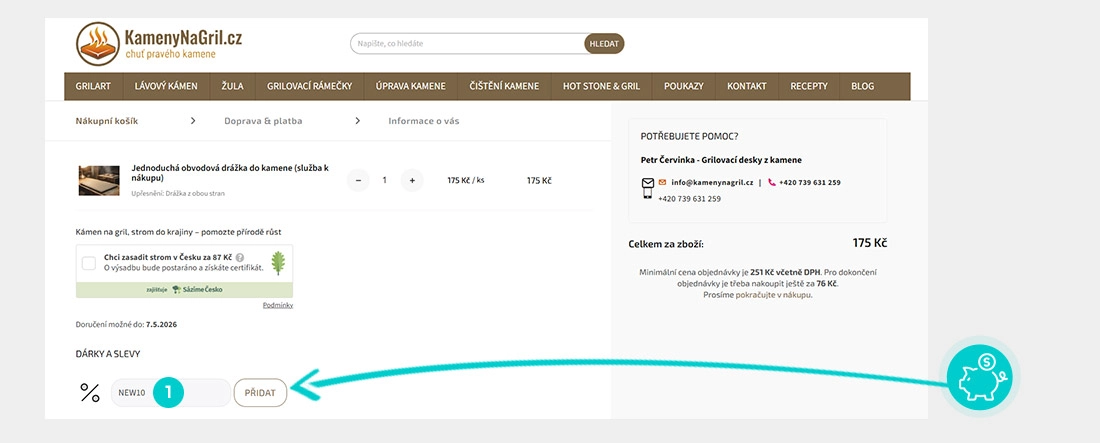 Návod jak uplatnit slevový kód v košíku e-shopu Kamenynagril