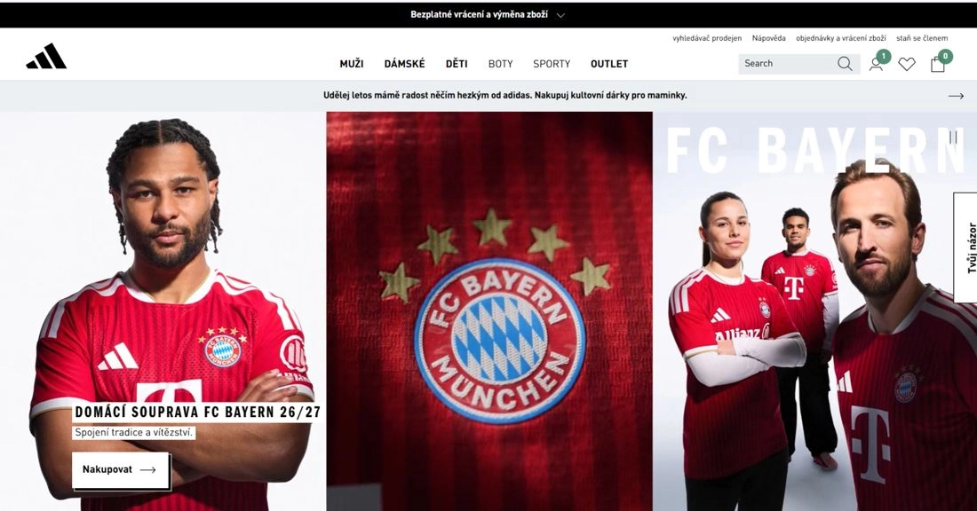 Home Page e-shopu Adidas s ženami a muži ve fotbalových dresech