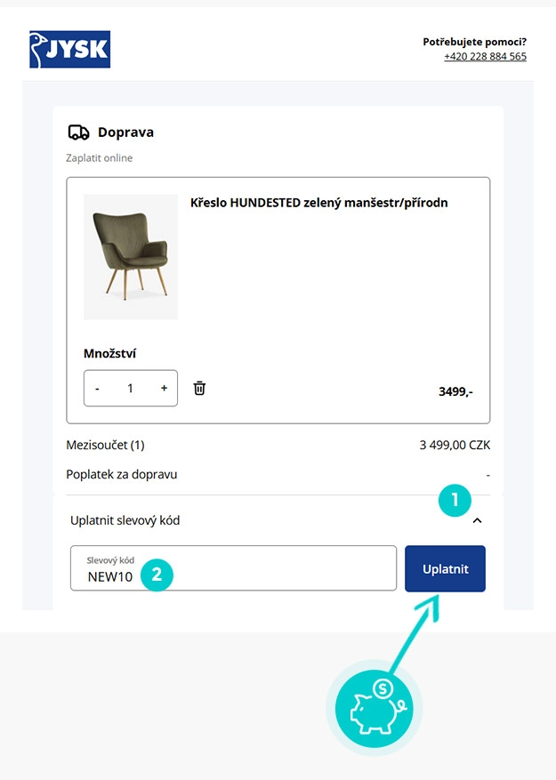 Návod jak uplatnit slevový kód v košíku e-shopu JYSK