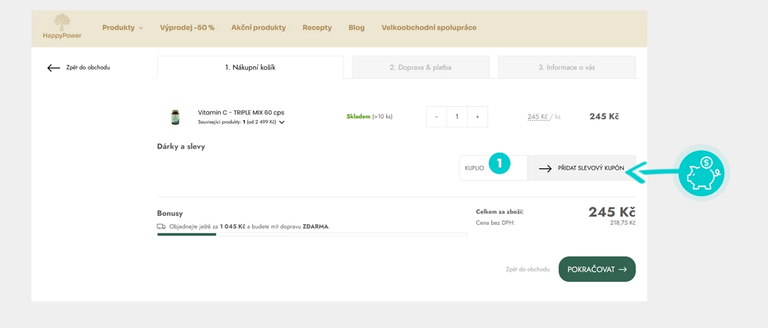 Návod jak uplatnit slevový kód v košíku e-shopu HappyPower