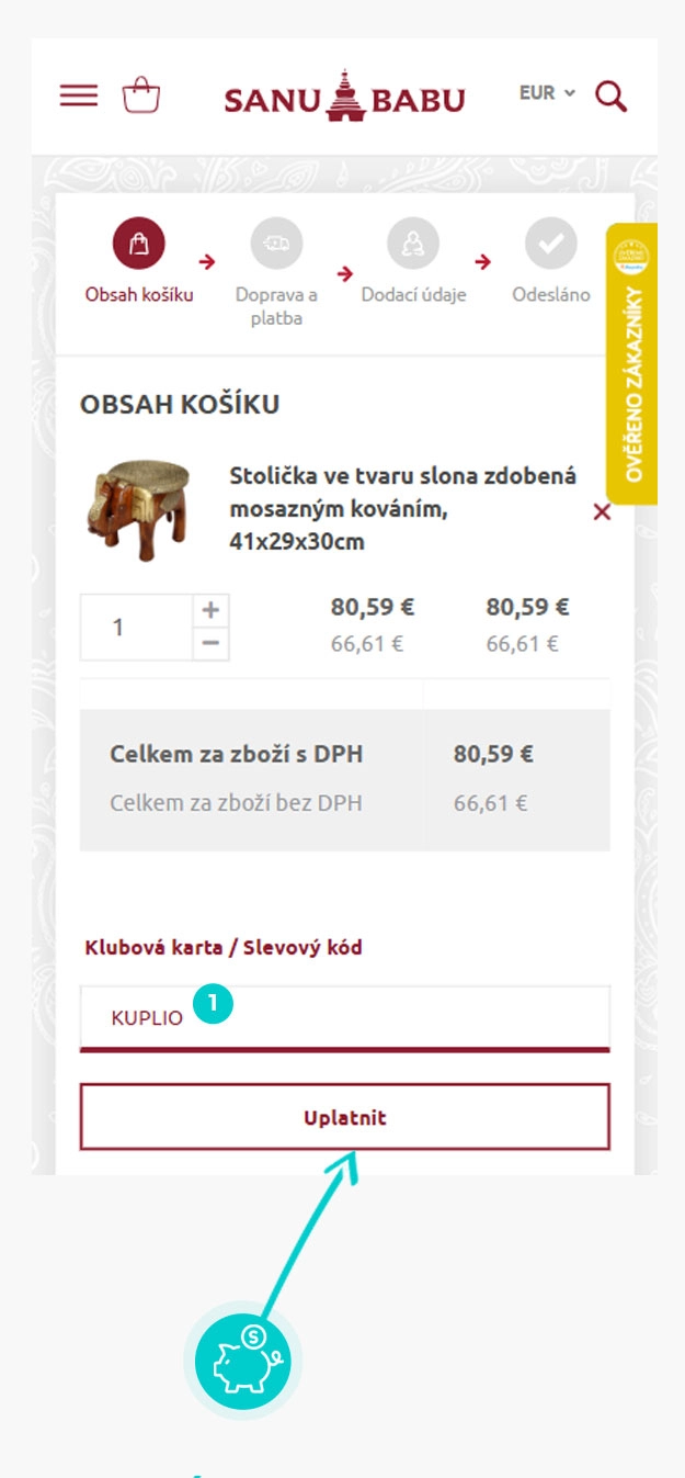 Návod jak uplatnit slevový kód v košíku e-shopu SANU BABU
