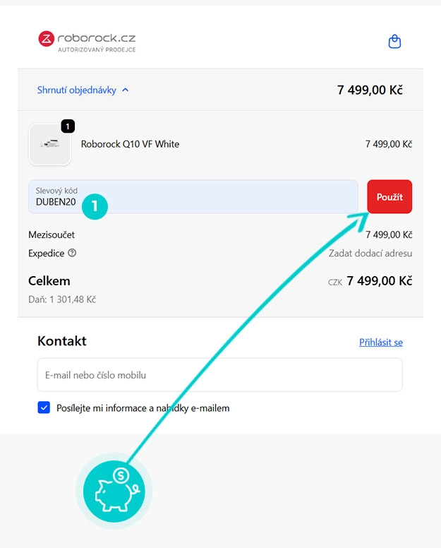 Návod jak uplatnit slevový kód v košíku e-shopu Roborock
