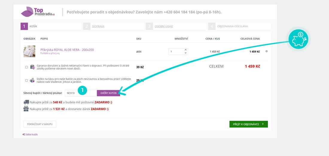 Návod jak uplatnit slevový kód v košíku e-shopu TopProstěradla