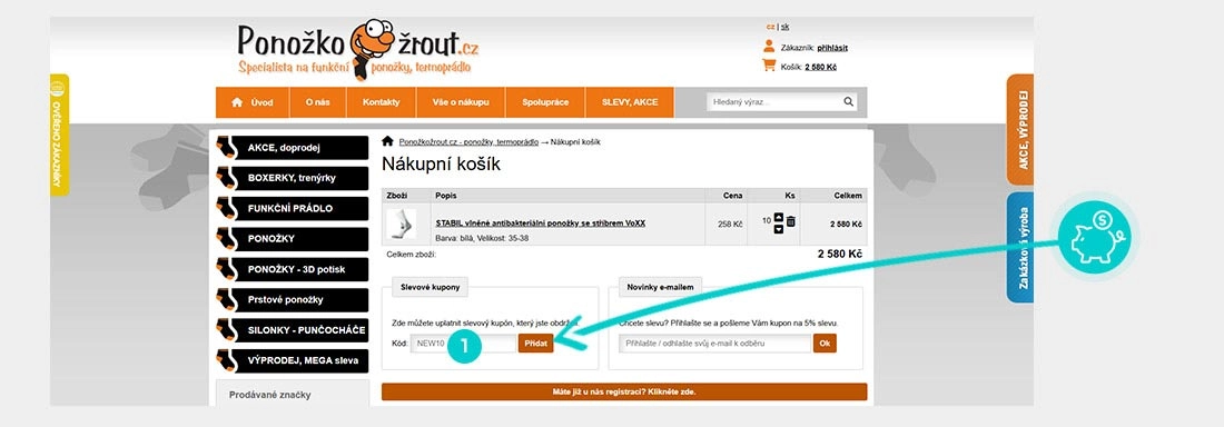 Návod jak uplatnit slevový kód v košíku e-shopu Ponožkožrout