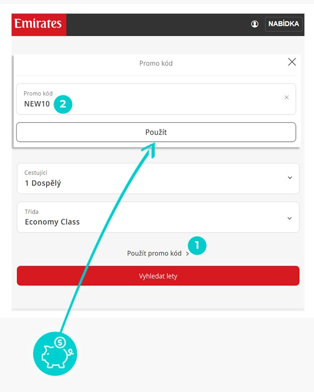 Návod jak uplatnit slevový kód v košíku e-shopu Emirates